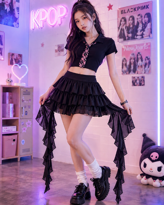 Fustă K-POP cu volane Dream Neagra
