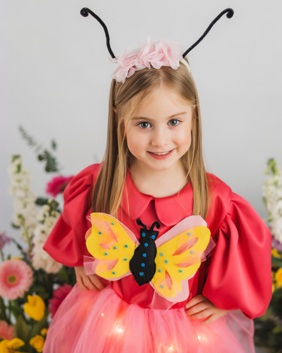 Butterfly Headband with Antennas and Pink Flowers