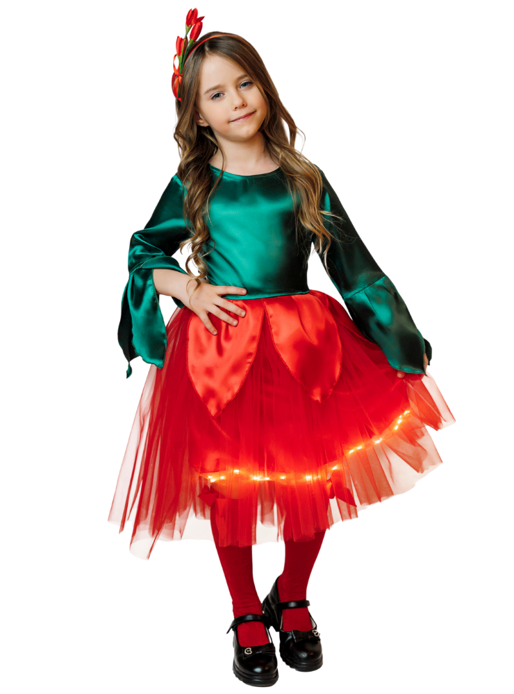 Red Flower Sparkle Dress (Peony/Tulip, Rose), with Train