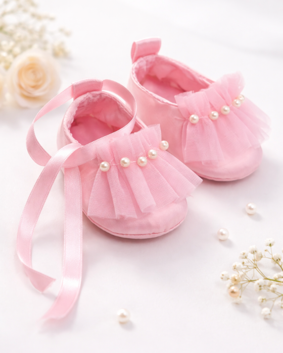 Christening Shoes, Pink with Tulle