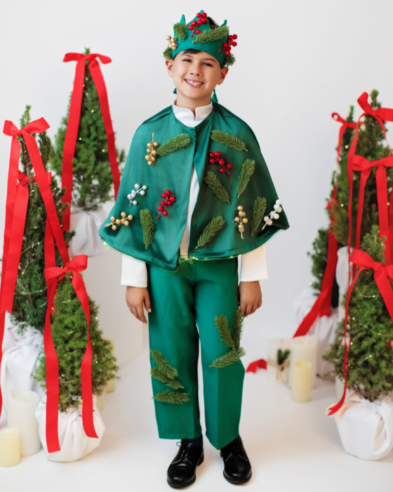 3-Piece Green Fir Tree Costume, Trousers + Cape + Crown