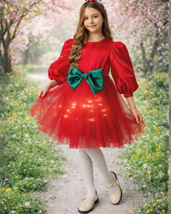 Red Dress with Lights and a Green Bow, for Spring