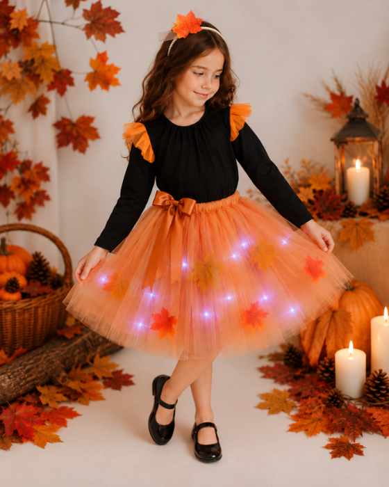 Costum 3 Piese, Magia Toamnei, cu luminite, fustita + body + bentita
