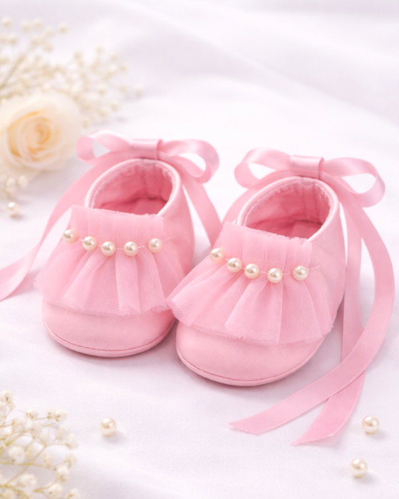 Christening Shoes, Pink with Tulle