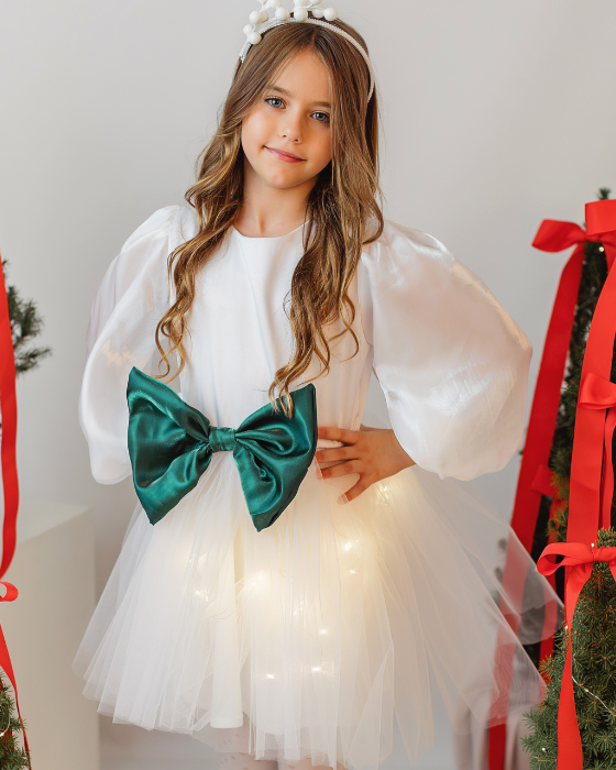 White Dress with Lights and Green Bow, Christmas Joy with Tree