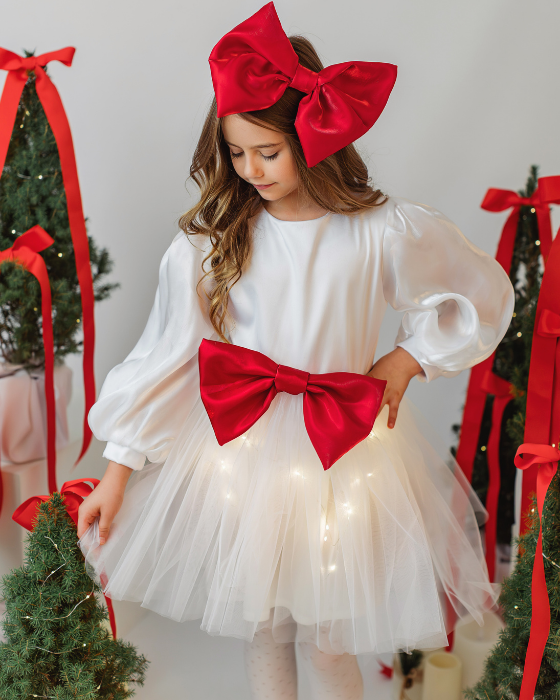 Wonderful White Dress with Lights Set + Red Bow Headband