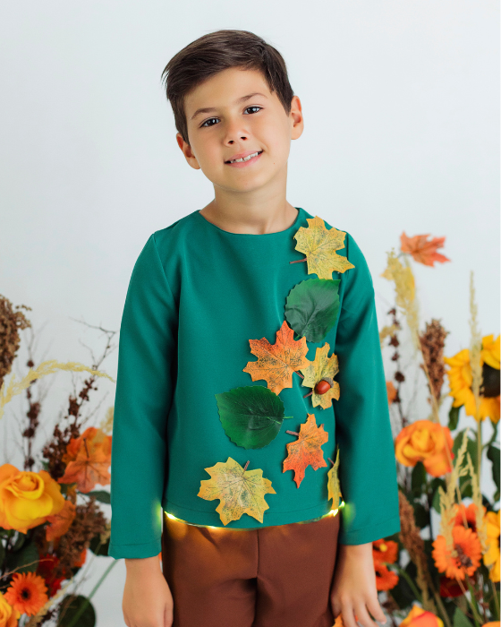 Autumn King Blouse, with Leaves, Autumn Celebration, green