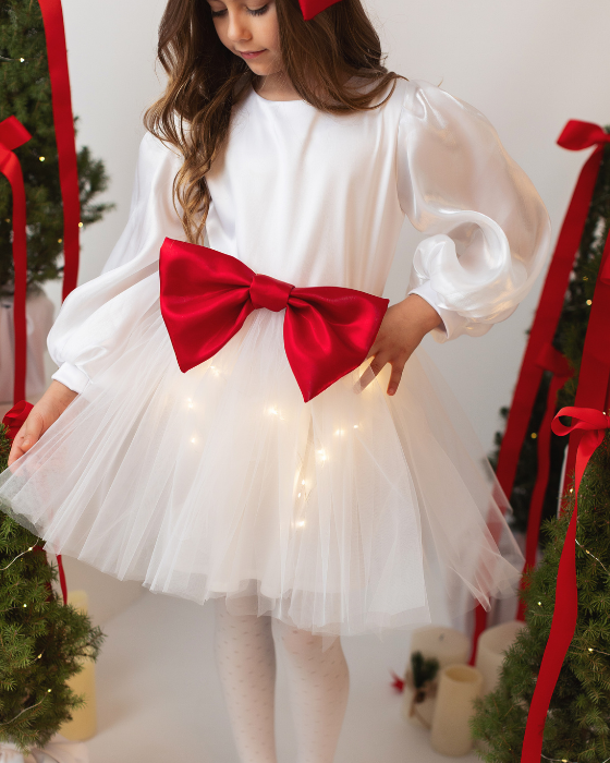 Wonderful White Dress with Lights Set + Red Bow Headband