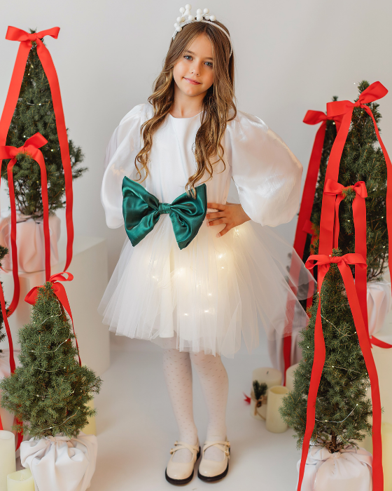 White Dress with Lights and Green Bow, Christmas Joy with Tree