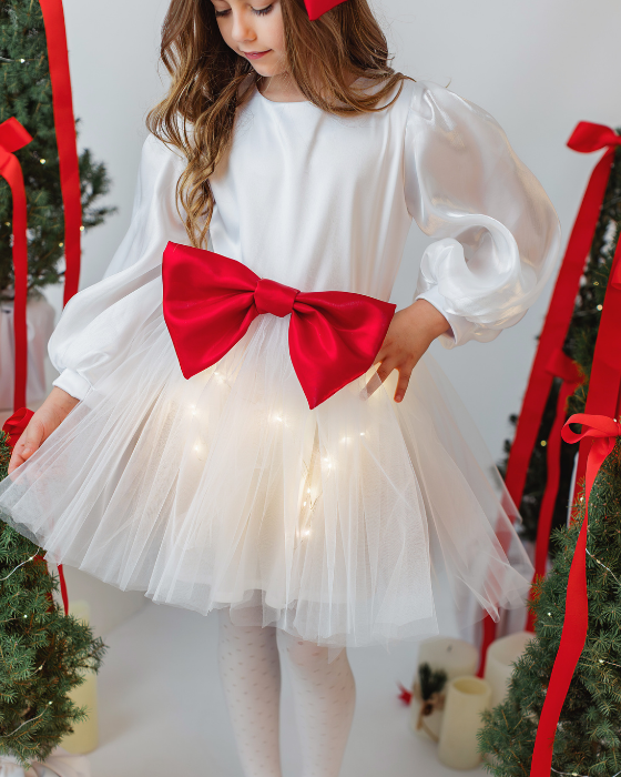 Wonderful White Dress with Lights Set + Red Bow Headband
