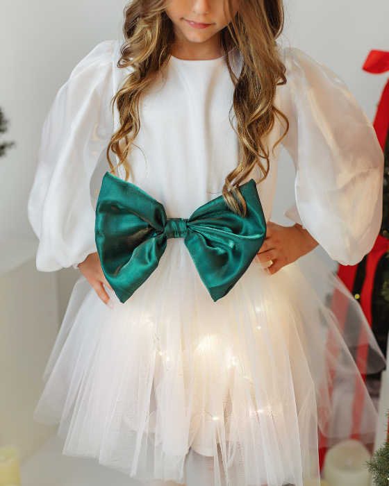 White Dress with Lights and Green Bow, Christmas Joy with Tree