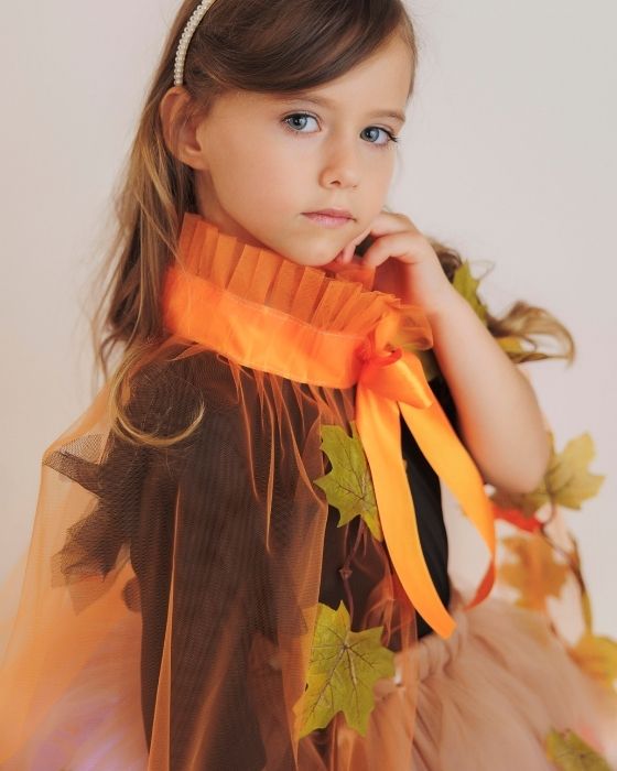 Tulle Cape, Orange with Brown Leaves, Autumn Fairy