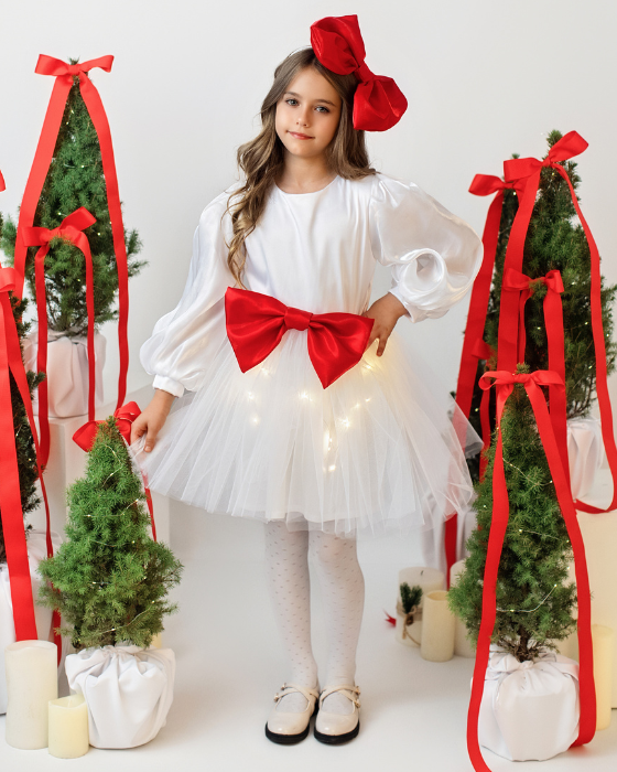 Wonderful White Dress with Lights Set + Red Bow Headband