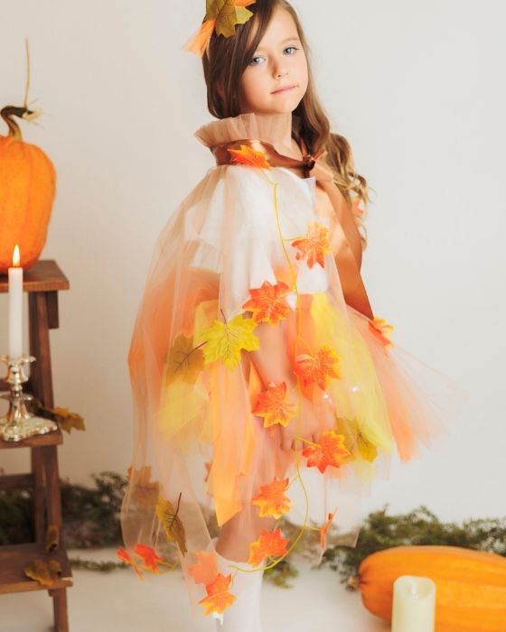 Tulle Cape, Brown With Orange Leaves, Autumn Fairy
