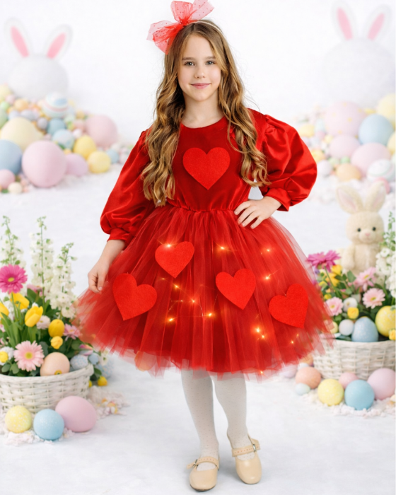 Red Dress with Lights, Tulle with Hearts