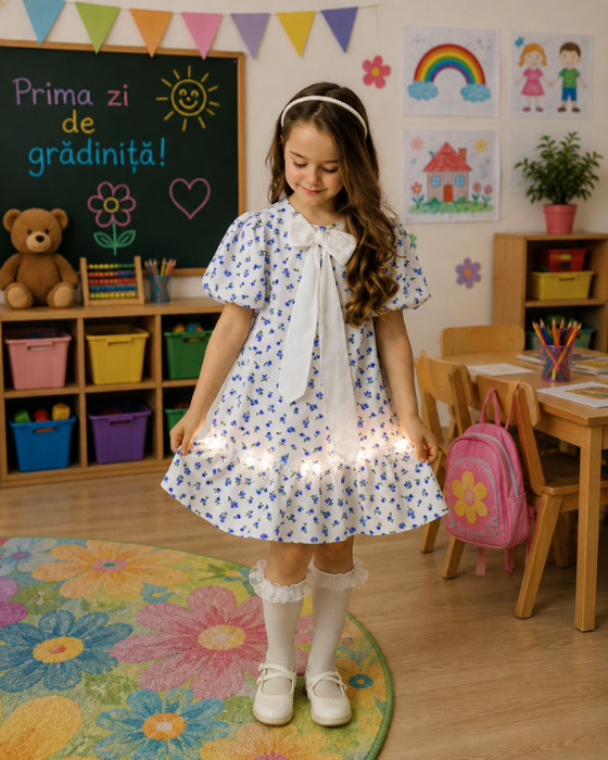 White Dress, Blue Flowers, for School / Kindergarten