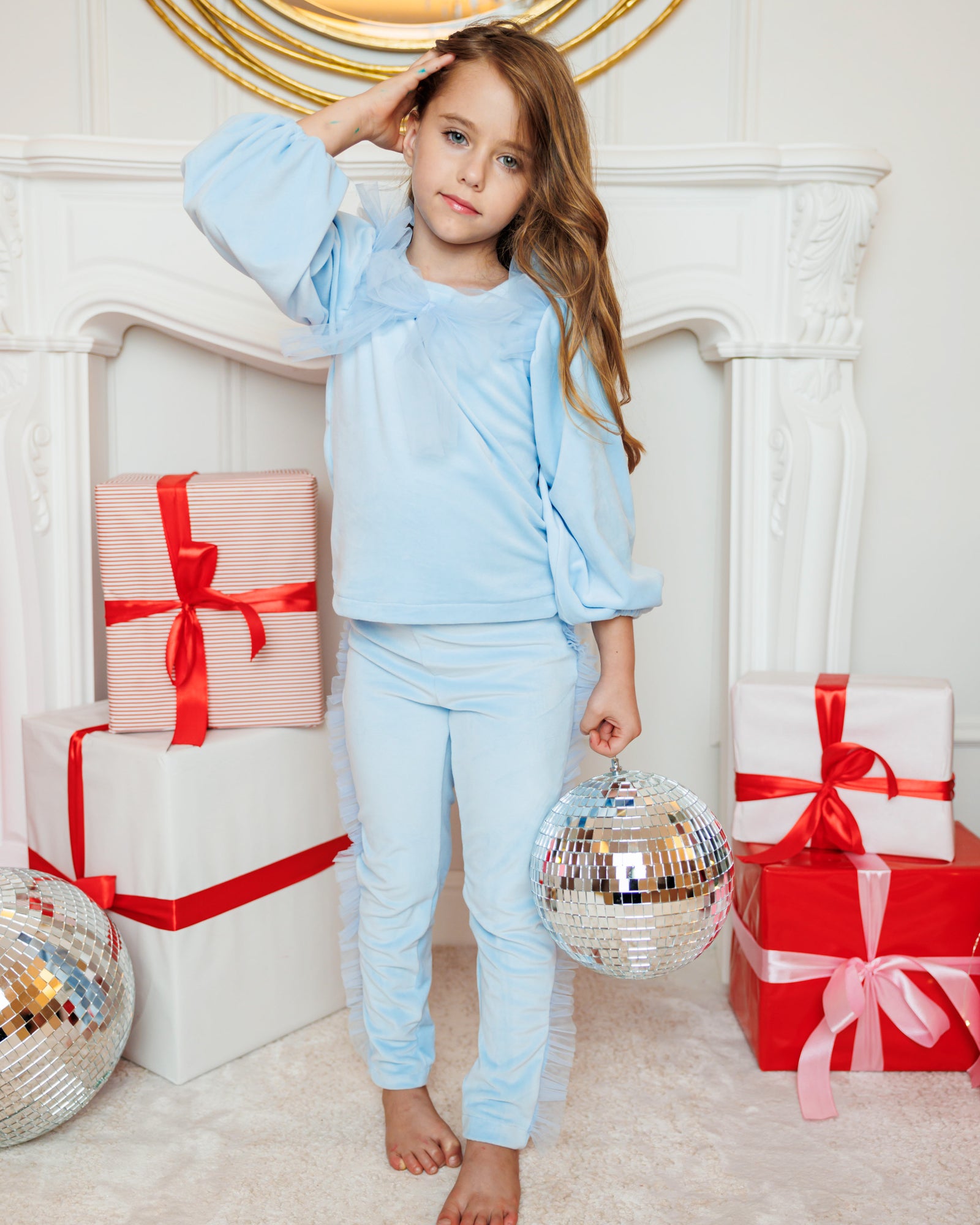 Velvet Tights with Tulle Ruffle, Baby Blue 