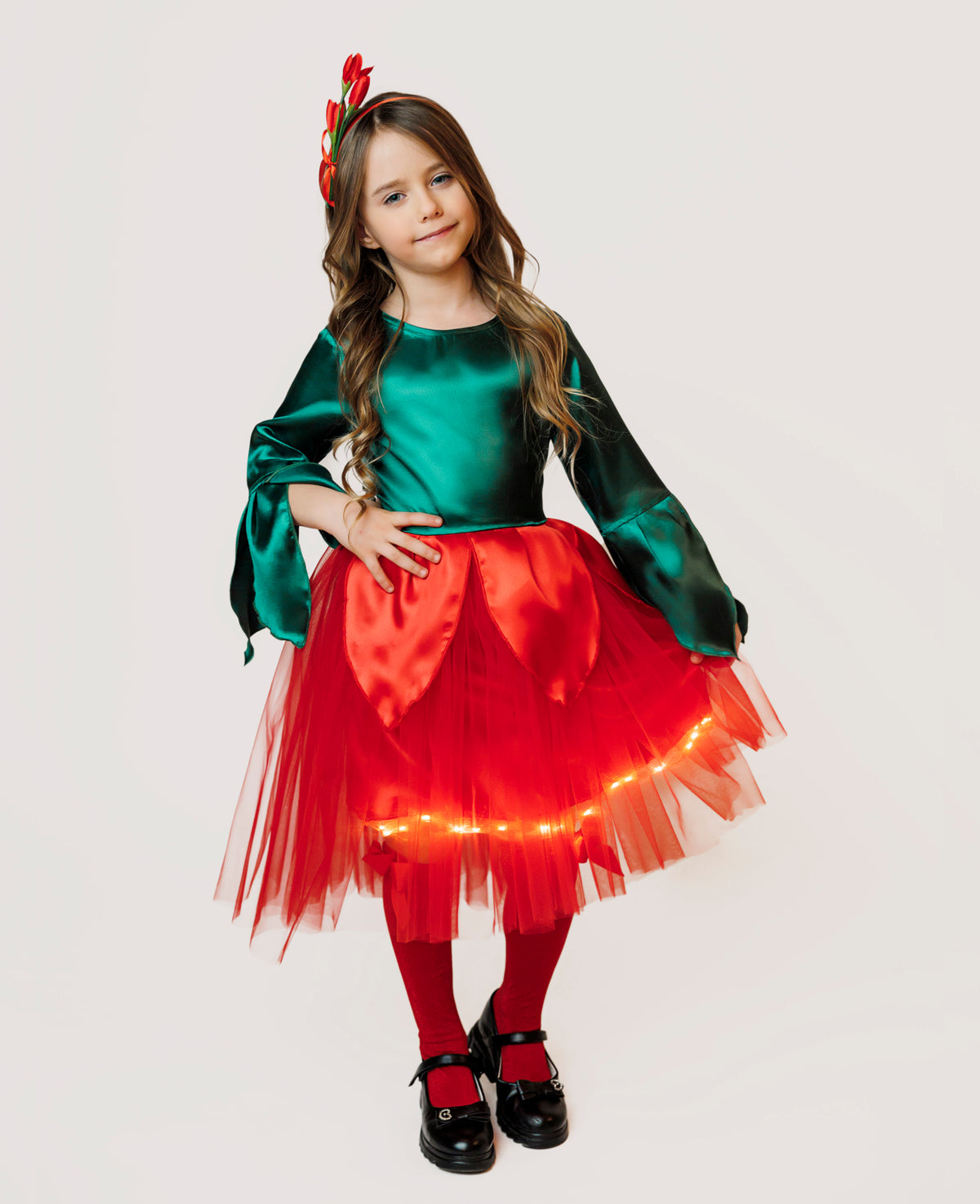 Red Flower Sparkle Dress (Peony/Tulip, Rose), with Train