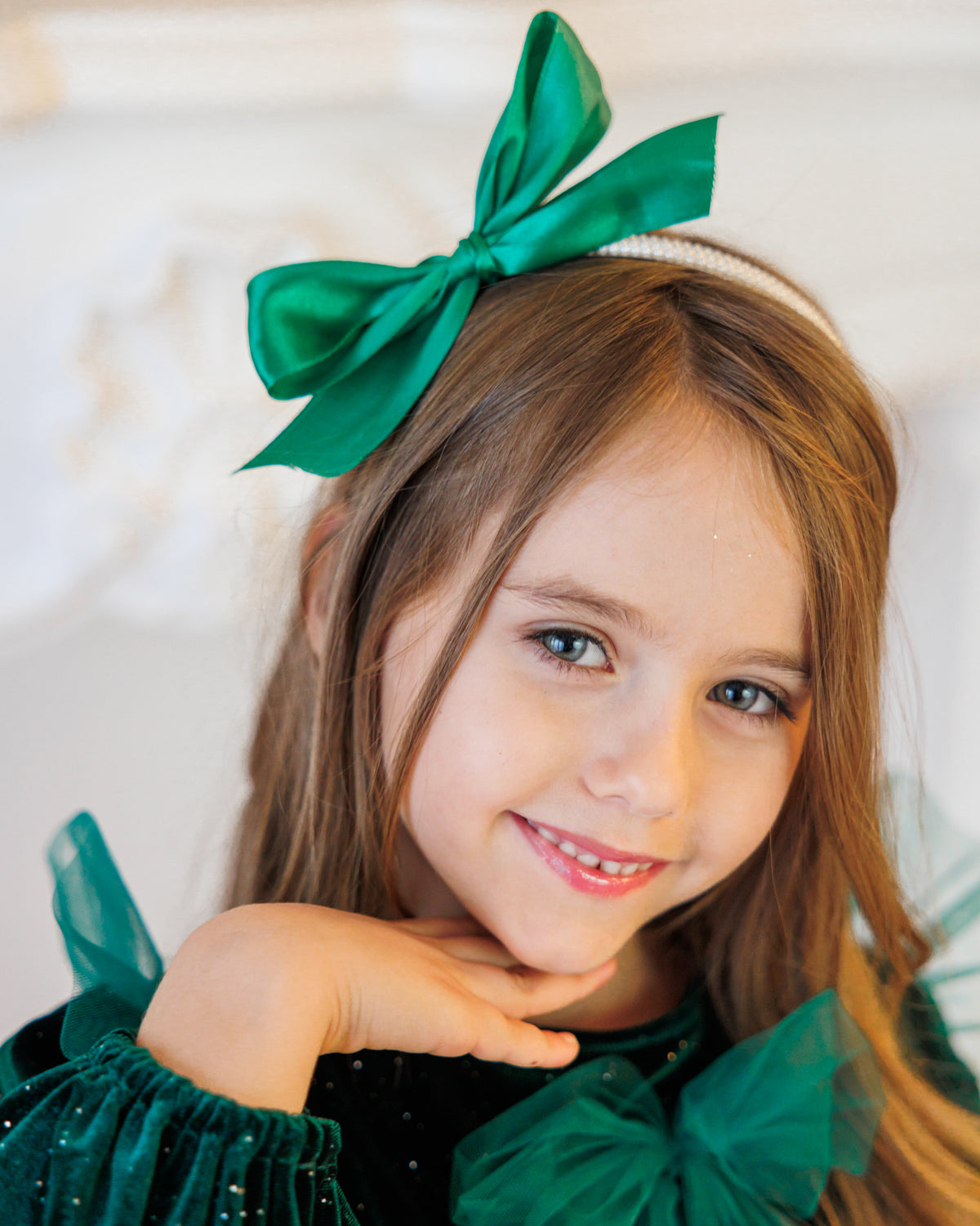 Headband with Pearls and Green Bow, Spring Fairy