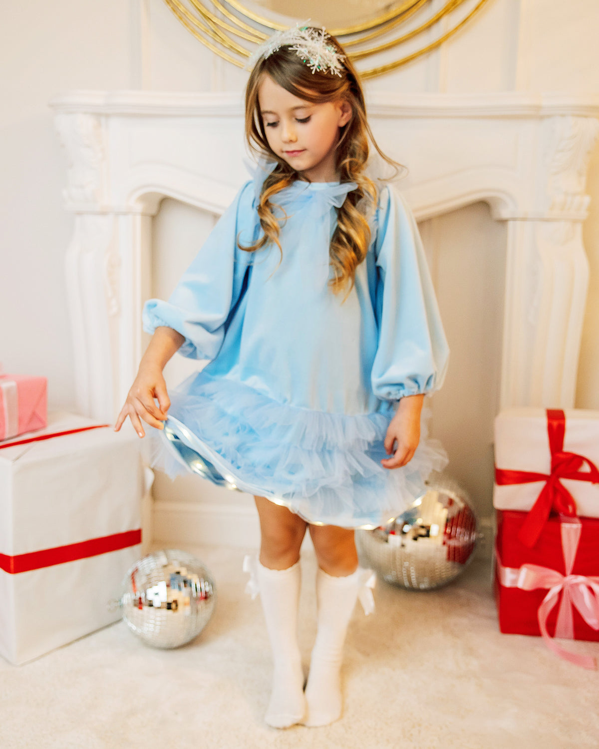 Blue velvet dress with tulle ruffles