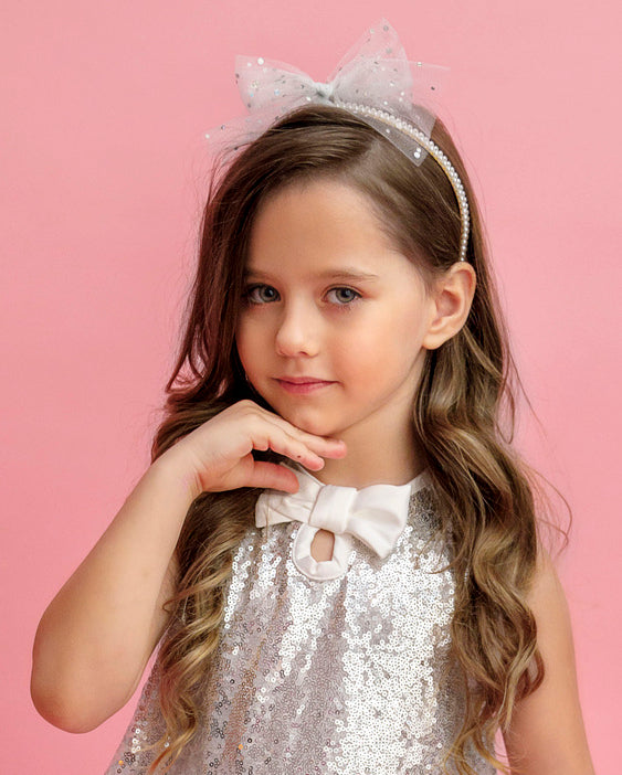 Bentiță cu Perle, și Tulle Alb și Sclipici Argintiu Glitter, fulg de nea