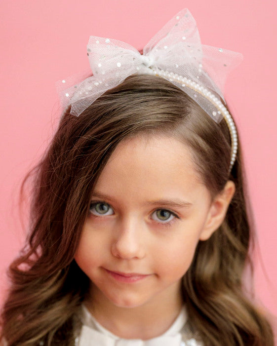 Bentiță cu Perle, și Tulle Alb și Sclipici Argintiu Glitter, fulg de nea