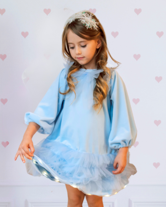 Blue velvet dress with tulle ruffles