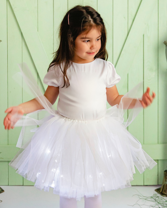 White Costume, White Skirt with Lights + White Satin Blouse, 3-4 year old Snowflake / Angel Recital