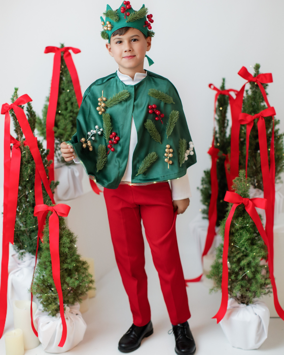 3-Piece Elf Costume, Green-Red, trousers + cape + crown