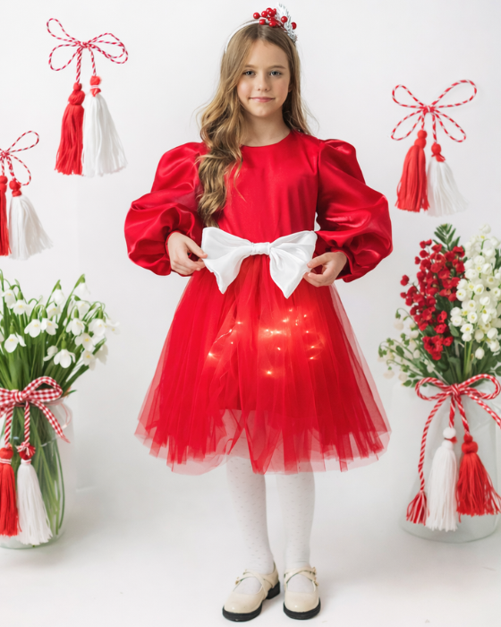 Red Dress with Lights and White Bow, for Mărțișor