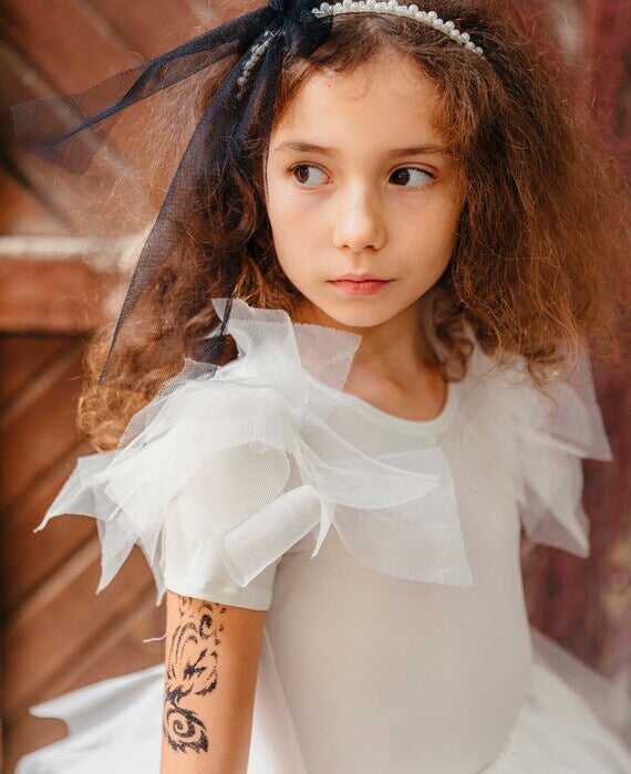 White Bodysuit with Tulle Ruffles