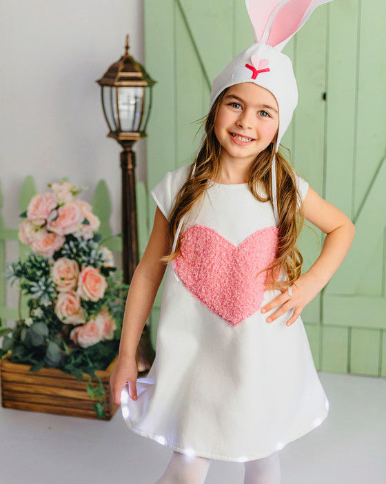 Easter Dress with Lights, White with Pink Heart, 2-4 years