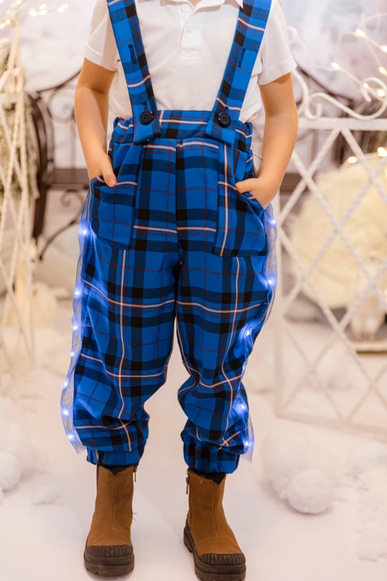 Boys' Navy Plaid Pants with Adjustable Suspenders and LEDs