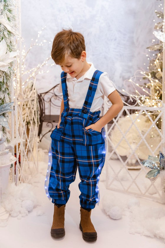 Boys' Navy Plaid Pants with Adjustable Suspenders and LEDs