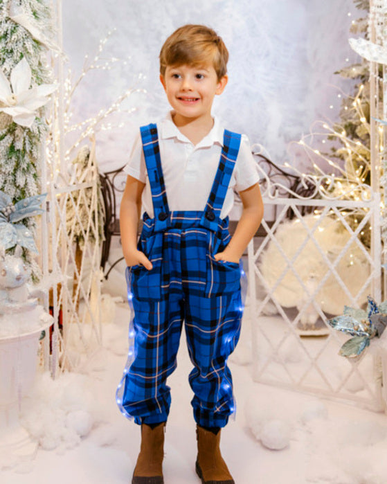 Boys' Navy Plaid Pants with Adjustable Suspenders and LEDs