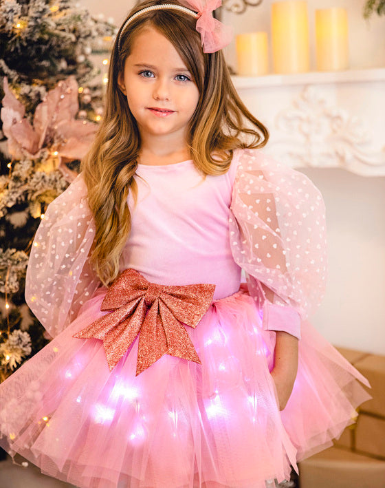 Pink Princess Skirt with Lights, Pink Glitter Bow, 6-10 years