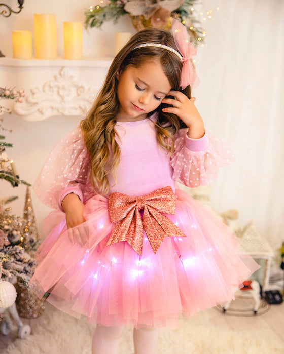 Pink Princess Skirt with Lights, Pink Glitter Bow, 6-10 years