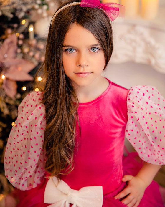 Bonbon Pink Soft Velvet Bodysuit with Puff Sleeves