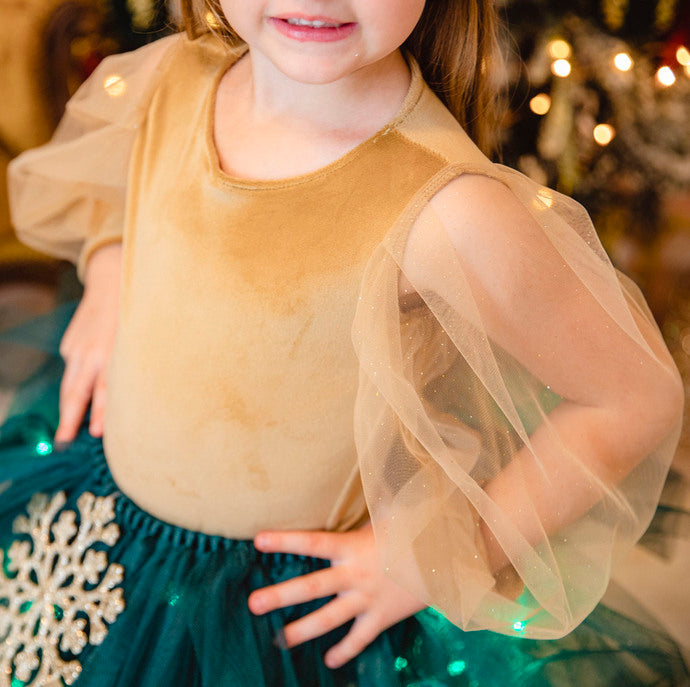Autumn Fairy Brown Velvet Bodysuit with Glitter Puff Sleeves