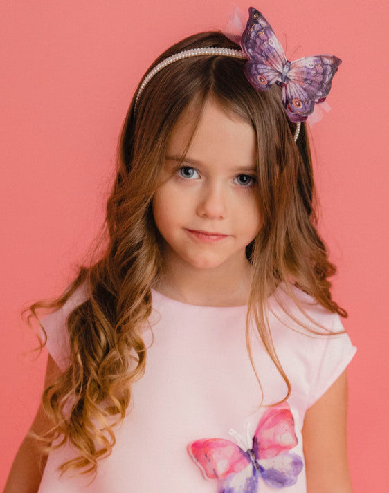 Headband with Pearls, 3D Butterfly and Pink Tulle