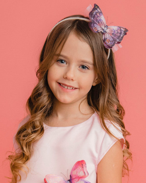 Headband with Pearls, 3D Butterfly and Pink Tulle