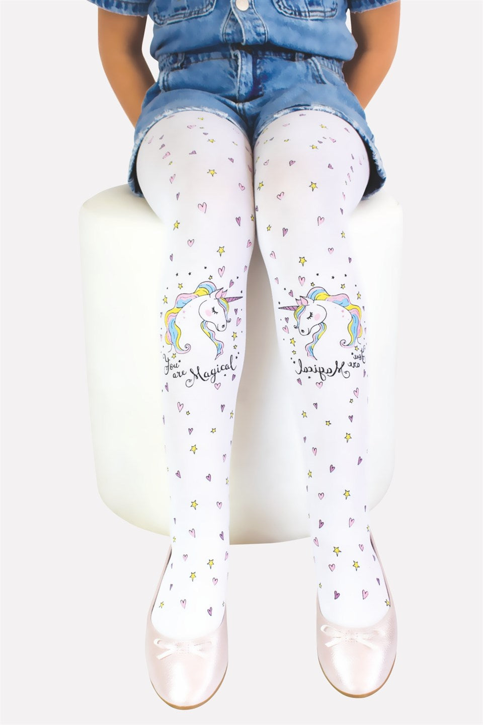Unicorn Tights -You Are Magical, White, with Stars and Hearts